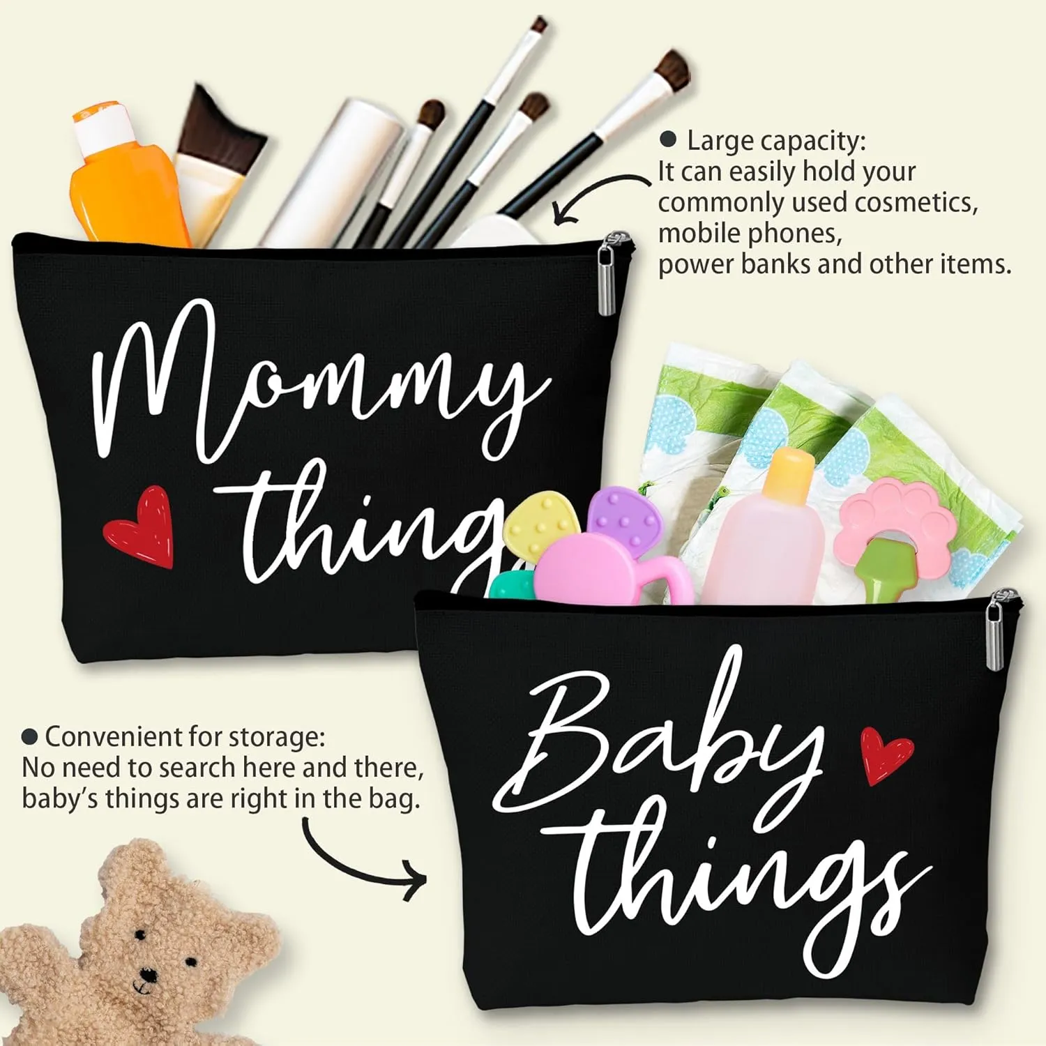 Mommy and Baby Matching Pouch Set, Mommy Things and Baby Things Bags, Gifts for New Moms Expecting Moms, Matching Travel Cases, Black Set of 2