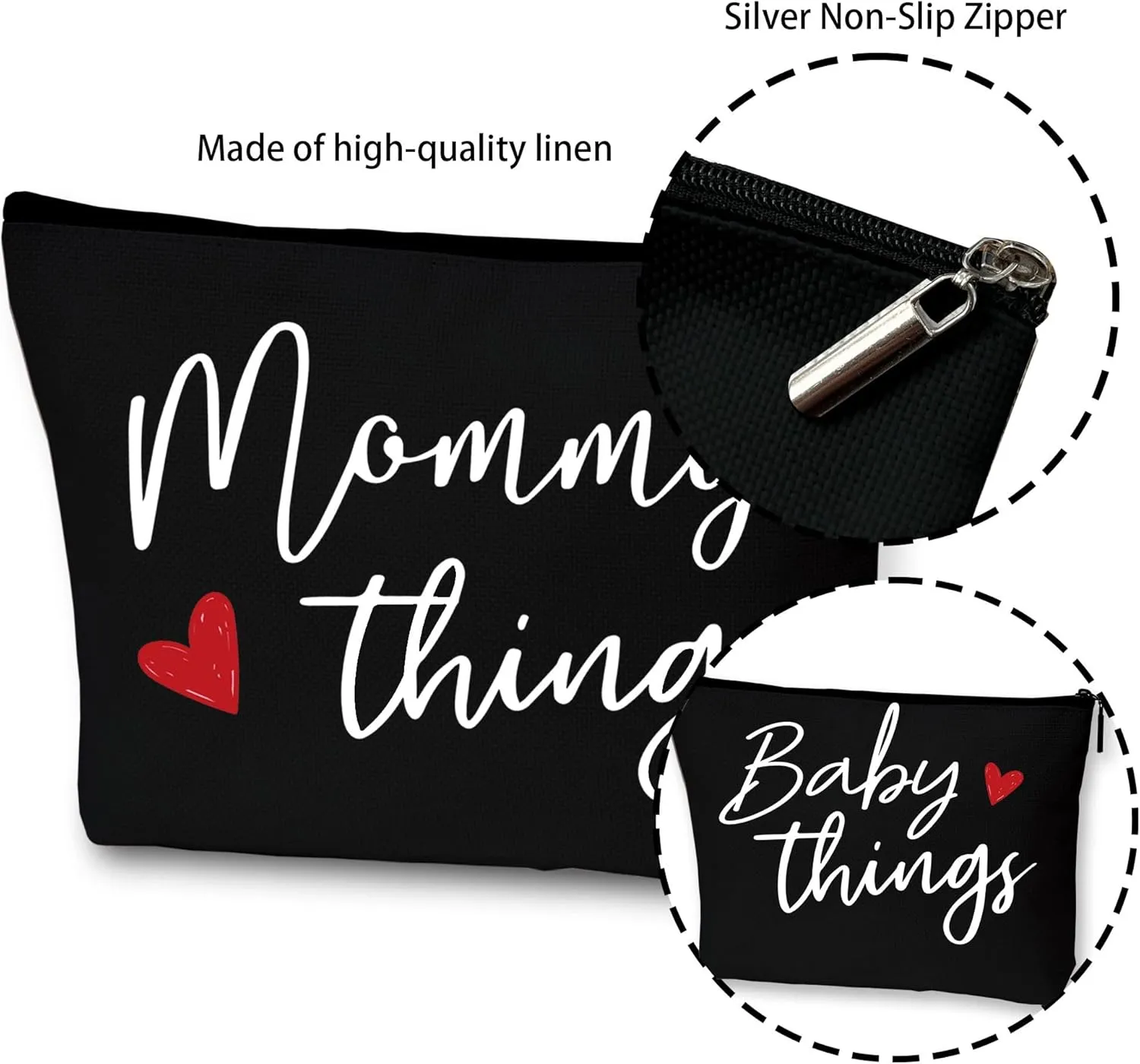 Mommy and Baby Matching Pouch Set, Mommy Things and Baby Things Bags, Gifts for New Moms Expecting Moms, Matching Travel Cases, Black Set of 2