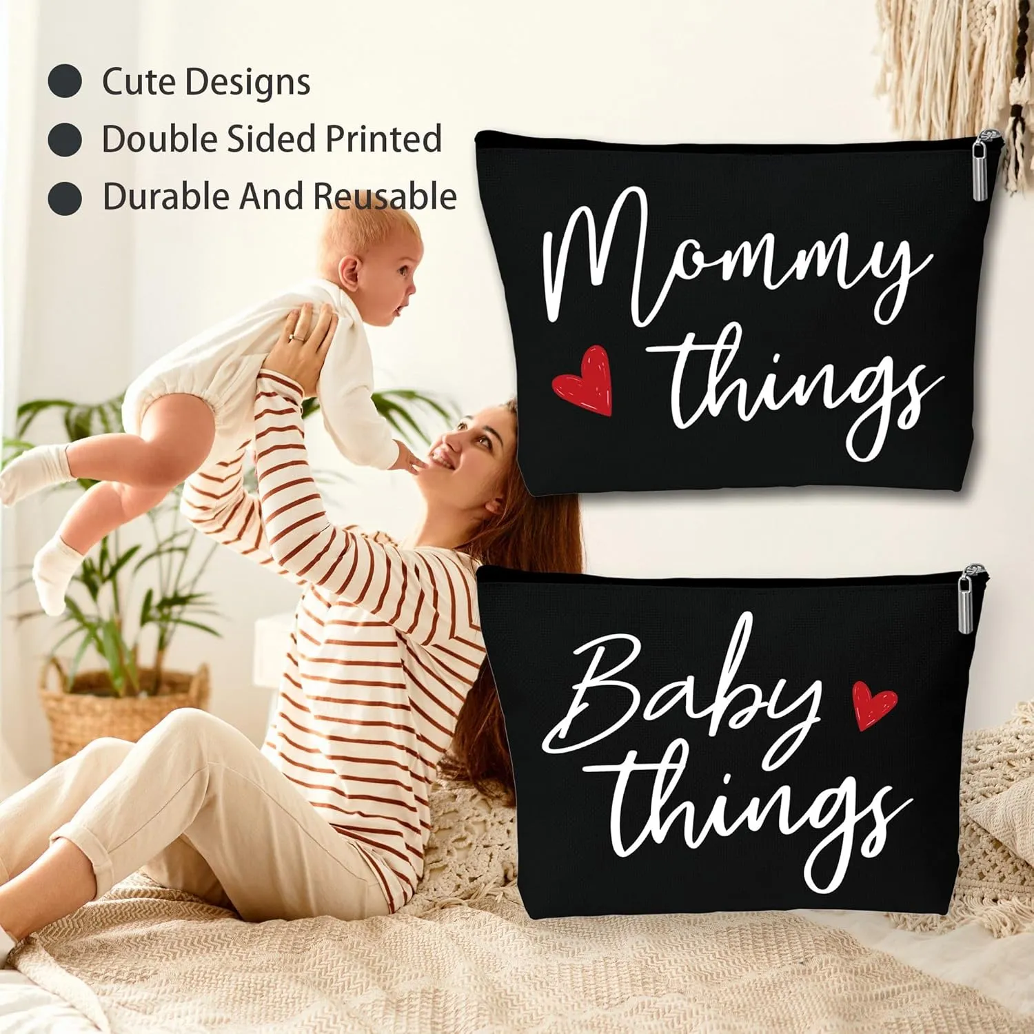 Mommy and Baby Matching Pouch Set, Mommy Things and Baby Things Bags, Gifts for New Moms Expecting Moms, Matching Travel Cases, Black Set of 2