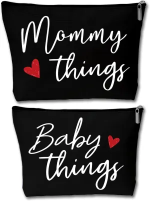 Mommy and Baby Matching Pouch Set, Mommy Things and Baby Things Bags, Gifts for New Moms Expecting Moms, Matching Travel Cases, Black Set of 2