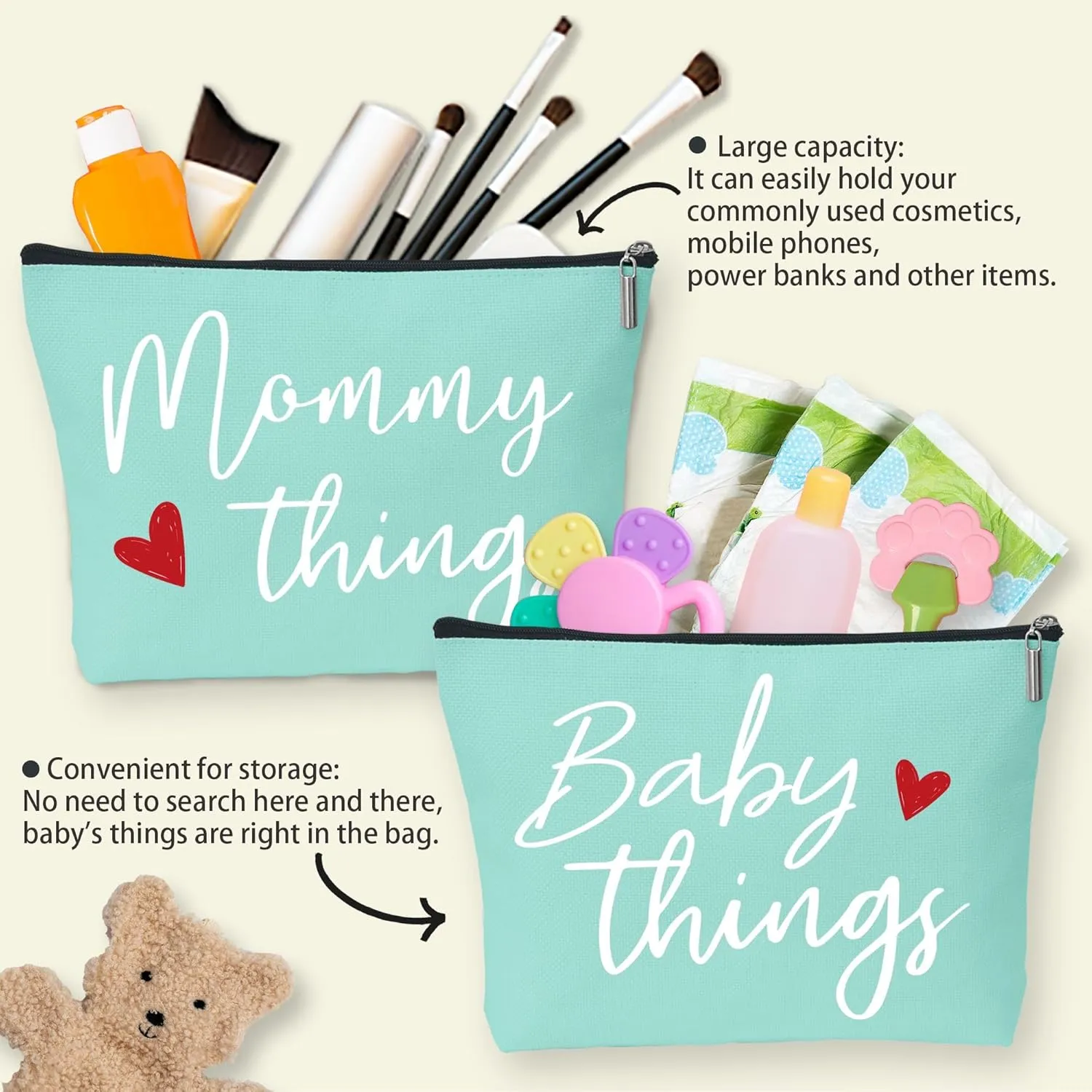 Mommy and Baby Matching Pouch Set, Mommy Things and Baby Things Bags, Gifts for New Moms Expecting Moms, Matching Travel Cases, Green Set of 2