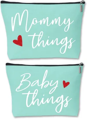 Mommy and Baby Matching Pouch Set, Mommy Things and Baby Things Bags, Gifts for New Moms Expecting Moms, Matching Travel Cases, Green Set of 2