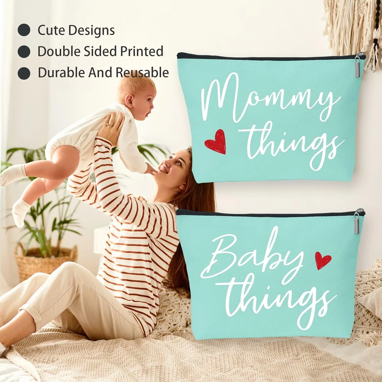 Mommy and Baby Matching Pouch Set, Mommy Things and Baby Things Bags, Gifts for New Moms Expecting Moms, Matching Travel Cases, Green Set of 2