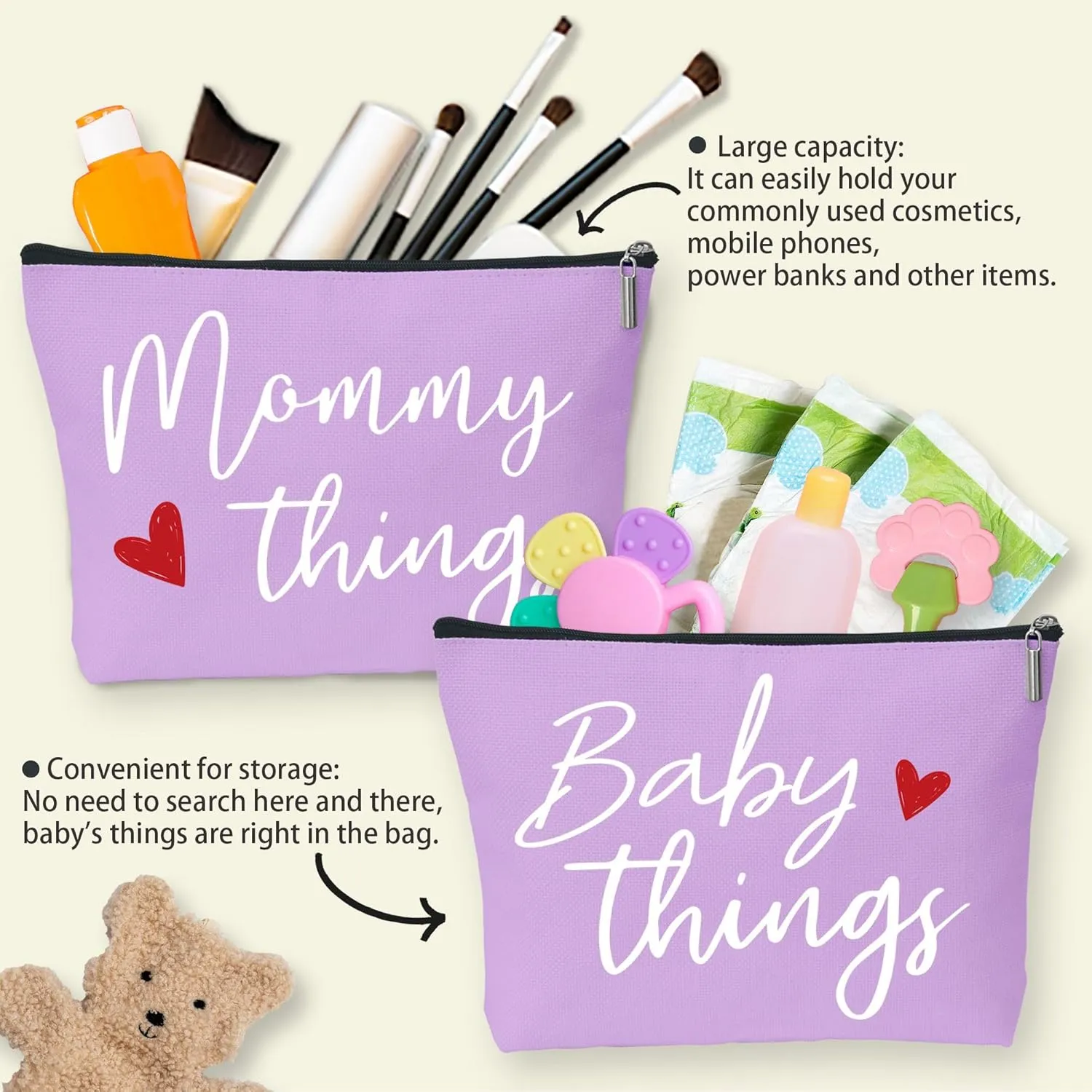 Mommy and Baby Matching Pouch Set, Mommy Things and Baby Things Bags, Gifts for New Moms Expecting Moms, Matching Travel Cases, Purple Set of 2