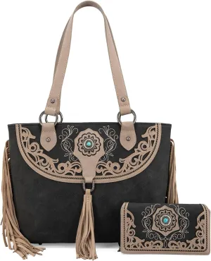 Montana West Aztec Tote Bag for Women Embroidered Western Shoulder Purse and Wallet Set