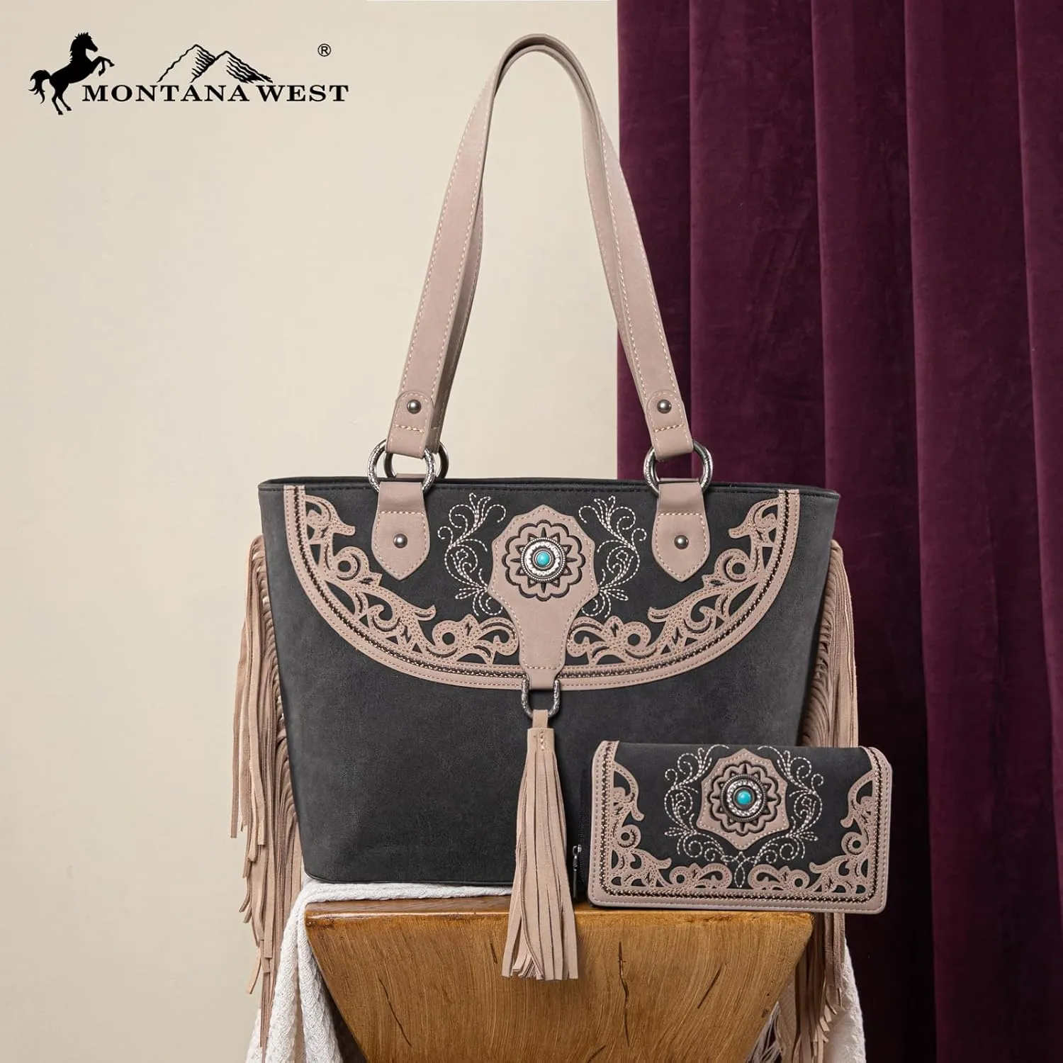 Montana West Aztec Tote Bag for Women Embroidered Western Shoulder Purse and Wallet Set