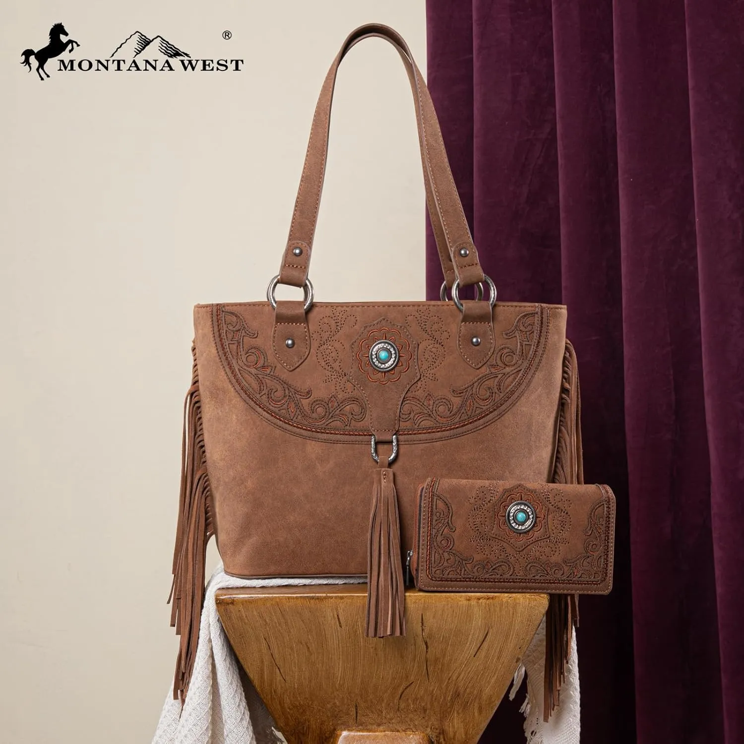 Montana West Aztec Tote Bag for Women Embroidered Western Shoulder Purse and Wallet Set