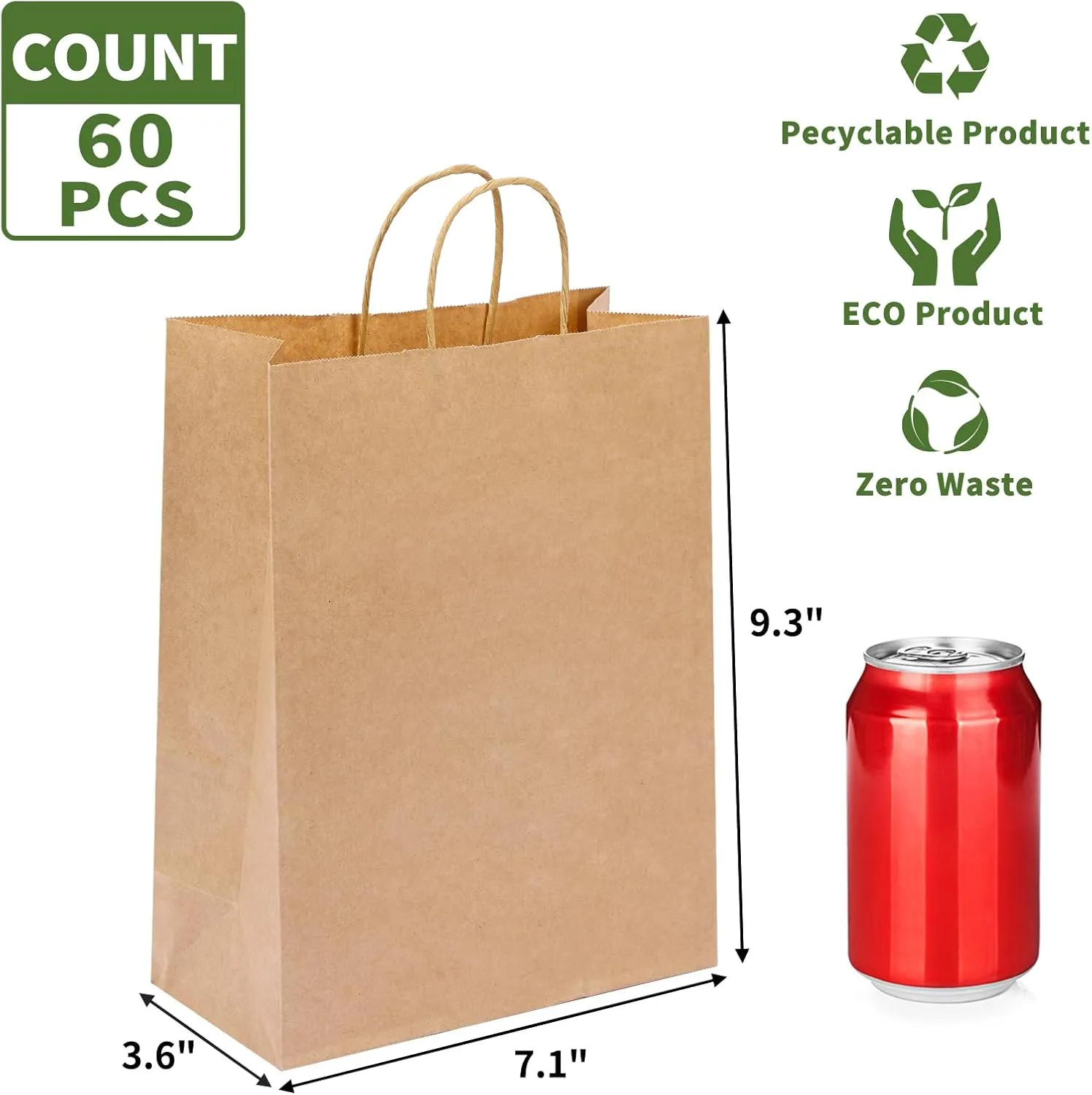 Moretoes 60pcs Gift Bags, Paper Bags with Handles, 7.1x3.6x9.3 Inch, Kraft Paper Bags Bulk Medium Size, Retail Bags, Brown Paper Bags for Party, Businesses, Shopping