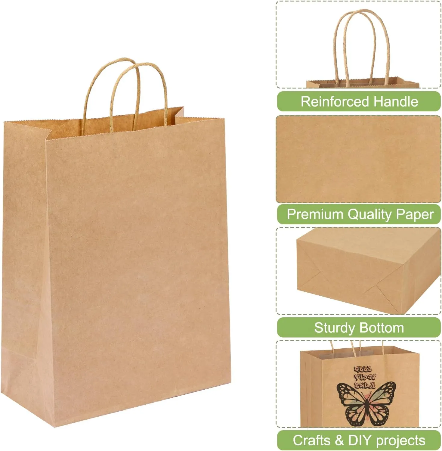 Moretoes 60pcs Gift Bags, Paper Bags with Handles, 7.1x3.6x9.3 Inch, Kraft Paper Bags Bulk Medium Size, Retail Bags, Brown Paper Bags for Party, Businesses, Shopping