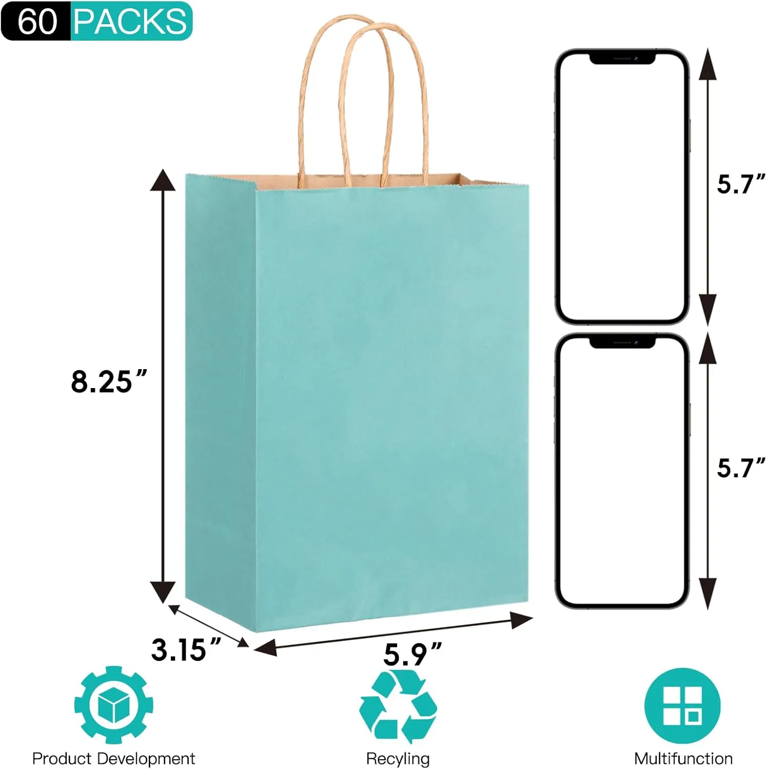 Moretoes 60pcs Paper Gift Bags, 5.9 x 3.15 x 8.25 Inch Small Bulk Party Favor Bags Goodie Bags with Handles for Kids Birthday, Crafts, Christmas Party Supplies (12 Colors)