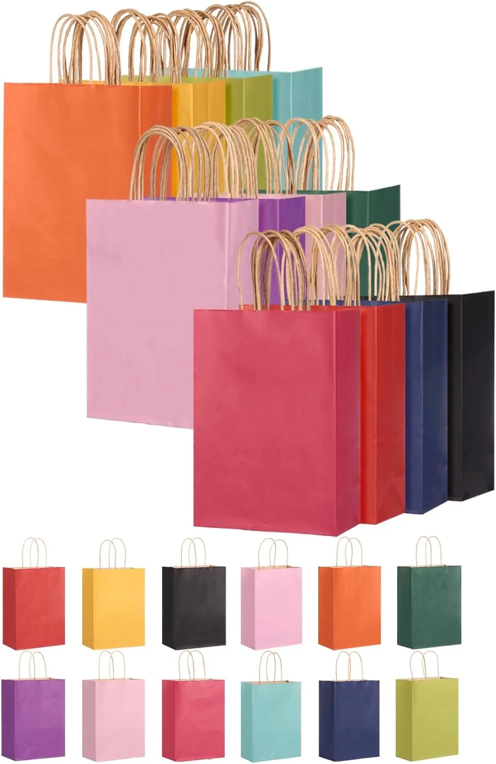 Moretoes 60pcs Paper Gift Bags, 5.9 x 3.15 x 8.25 Inch Small Bulk Party Favor Bags Goodie Bags with Handles for Kids Birthday, Crafts, Christmas Party Supplies (12 Colors)
