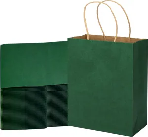 MOZRRO Gift Bags, 100 Pack 10.5x8.5x4.5 Inch, Paper Bags with Handles, Medium Size, Forest Green Gift Bag for Birthday, Wedding, Bulk, Party, Lunch, Goodie