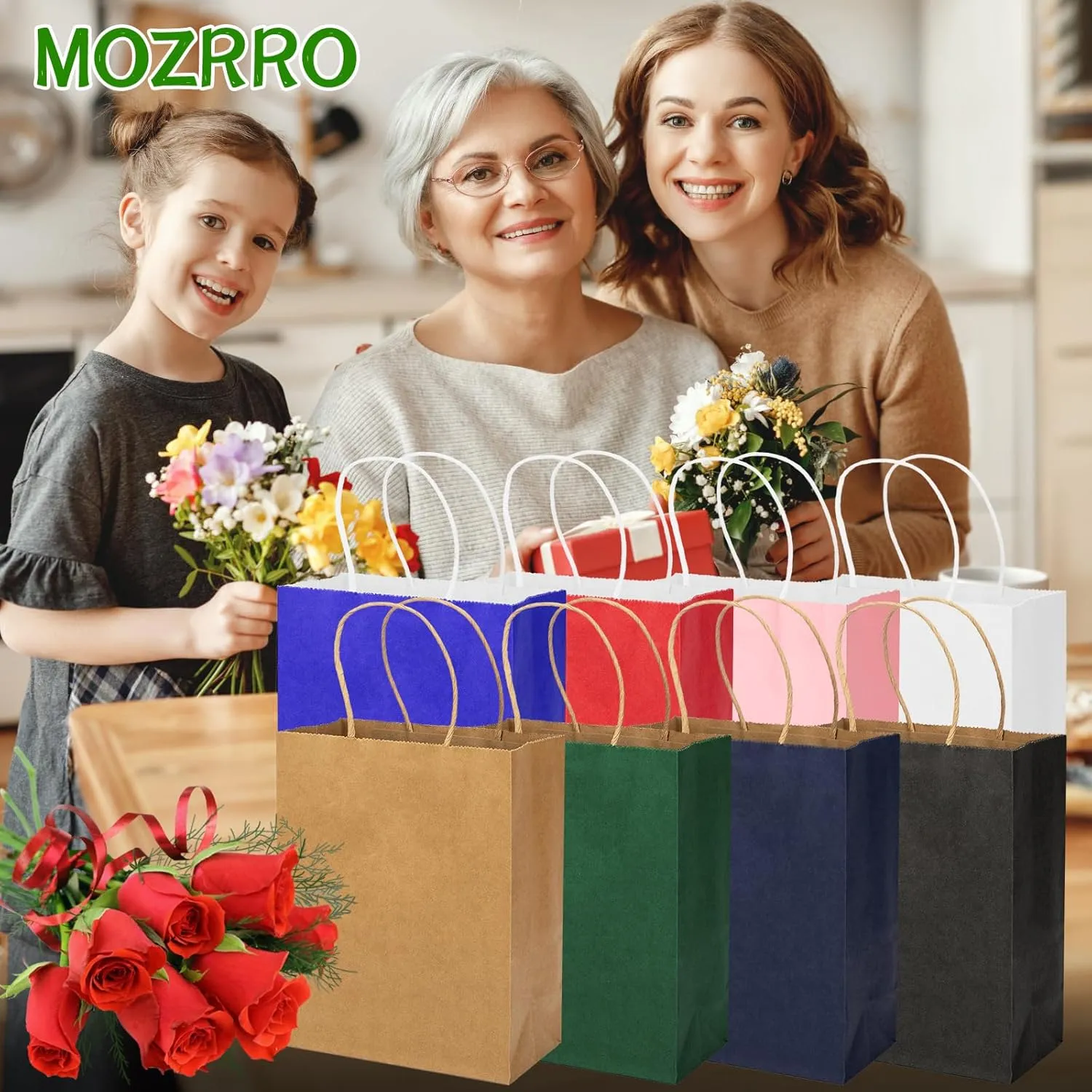 MOZRRO Gift Bags, 100 Pack 10.5x8.5x4.5 Inch, Paper Bags with Handles, Medium Size, Forest Green Gift Bag for Birthday, Wedding, Bulk, Party, Lunch, Goodie