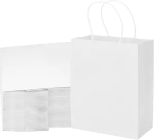 MOZRRO Gift Bags, 100 Pack 10.5x8.5x4.5 Inch, Paper Bags with Handles, Medium Size, White Gift Bag for Birthday, Wedding, Bulk, Party, Lunch, Goodie