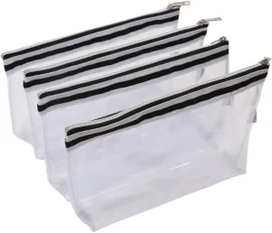 Multi-purpose Waterproof Clear Vinyl Zippered Toiletry Cosmetics Makeup Pouch With French Tape 4-pack