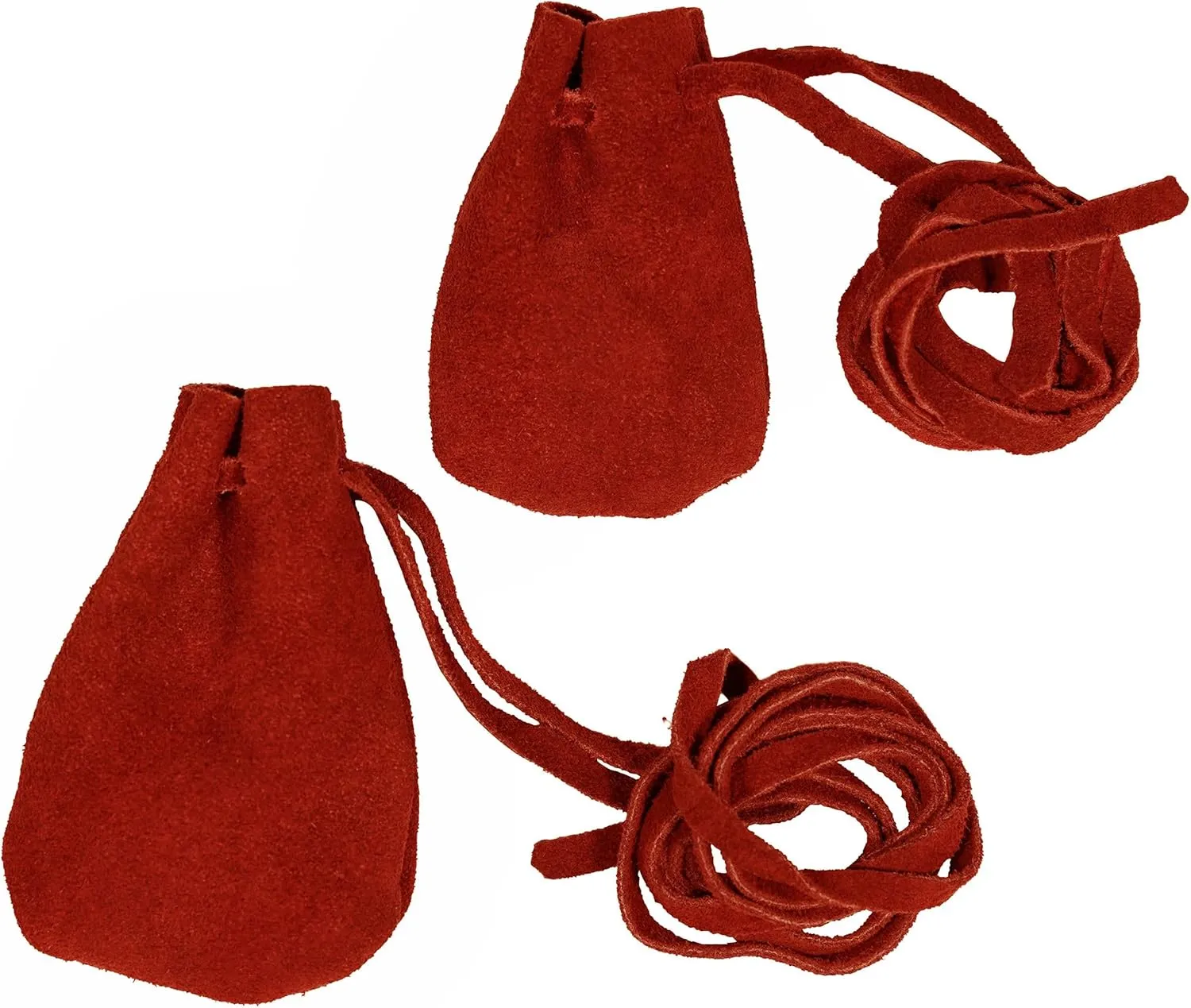Mythrojan Drawstring Suede Leather Pouches, Native American Style Handmade Mini Pouches for Storing Dice, Coin, Medicine, Jewelry - Large 3" x 4", Small 2.5" x 3.5", Red - Pack of 2