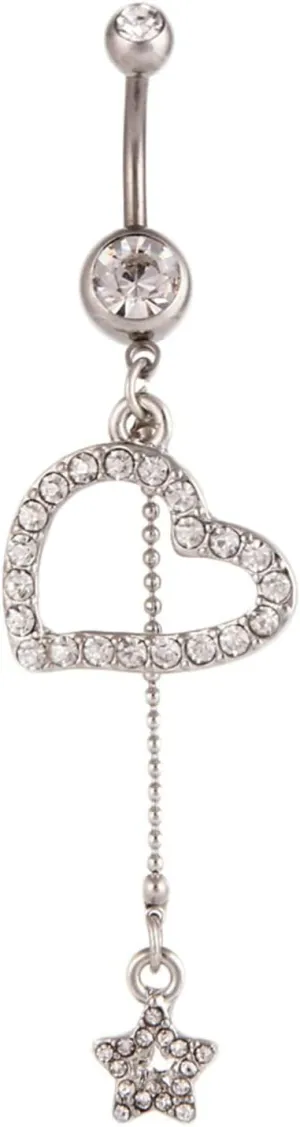 Navel Rings for Women Stainless Steel, CZ Navel Rings for Women Long Bar Heart And Star Shape White Belly Rings