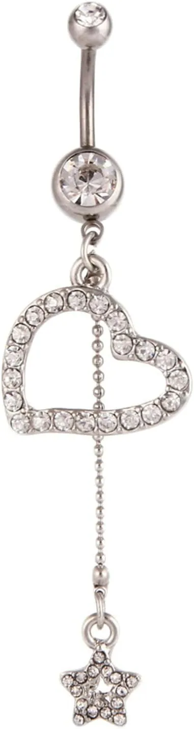 Navel Rings for Women Stainless Steel, CZ Navel Rings for Women Long Bar Heart And Star Shape White Belly Rings