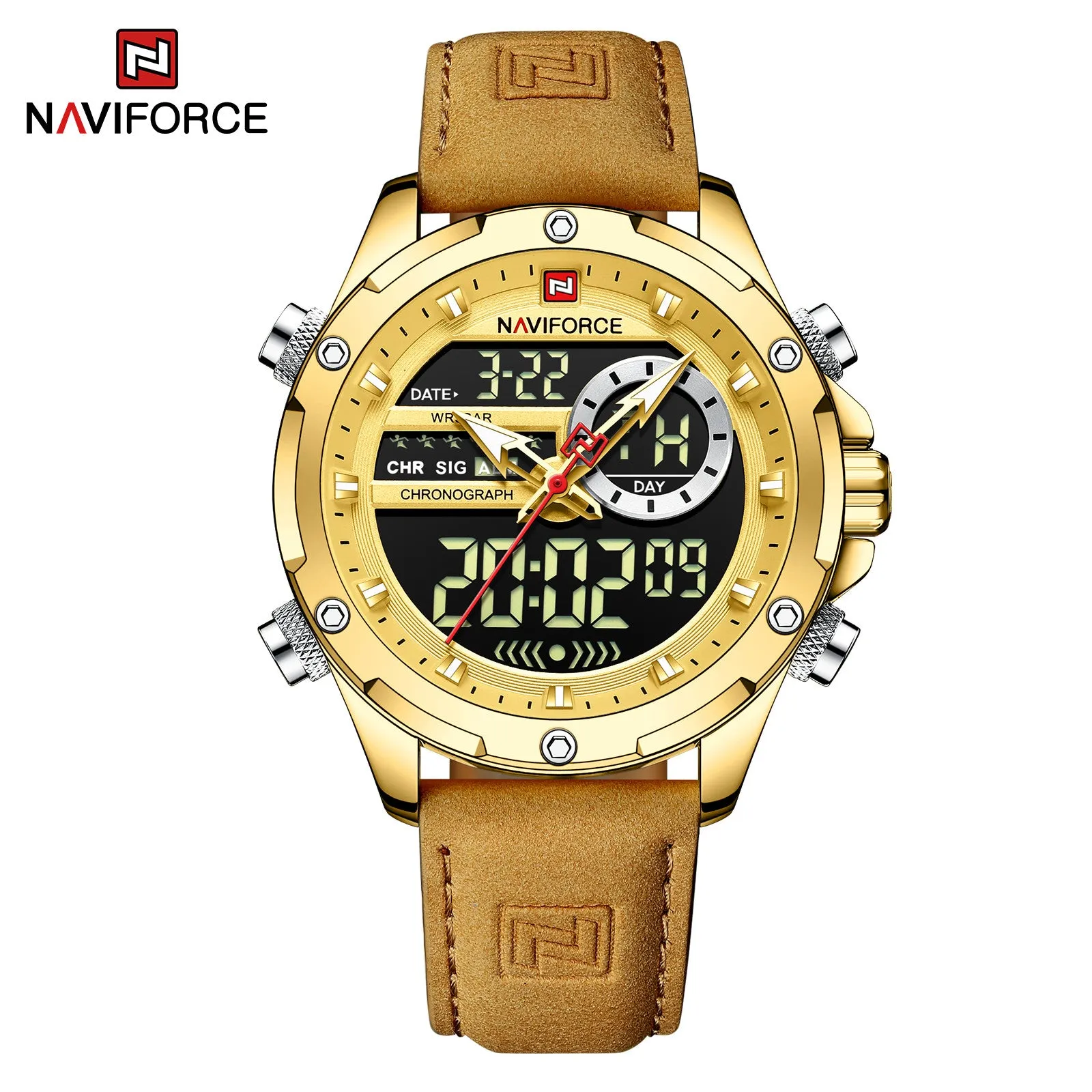 NAVIFORCE 2022 Luxury Men Watches Fashion Genuine Leather Quality Calendar LCD Display Waterproof Quartz Wristwatch NF9208