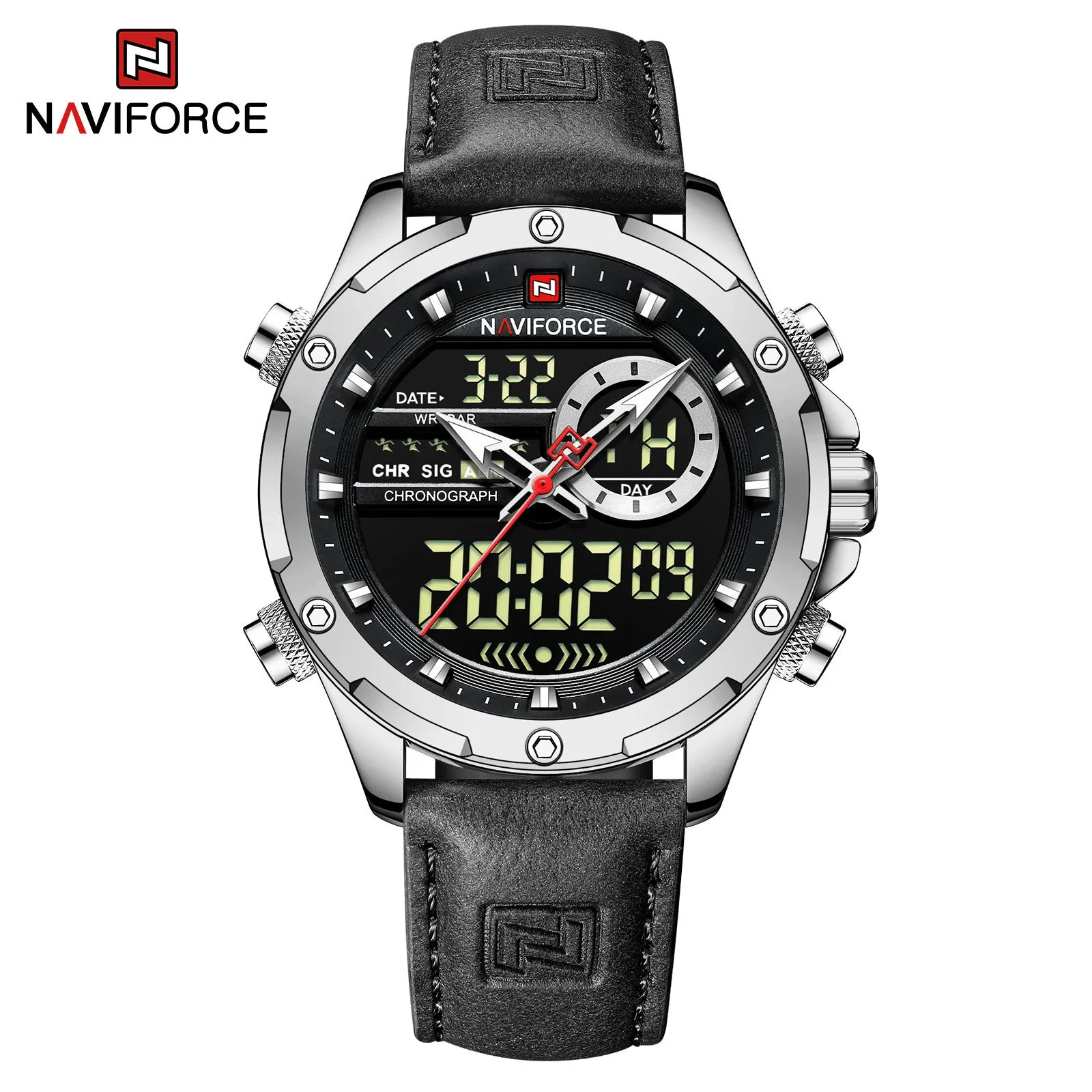 NAVIFORCE 2022 Luxury Men Watches Fashion Genuine Leather Quality Calendar LCD Display Waterproof Quartz Wristwatch NF9208