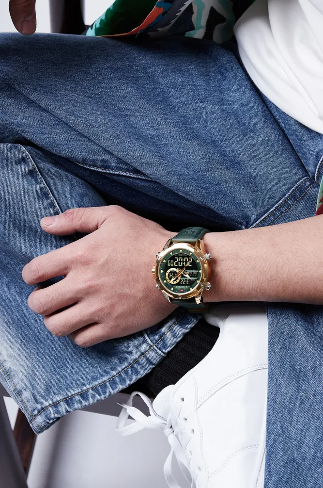 NAVIFORCE 2022 Luxury Men Watches Fashion Genuine Leather Quality Calendar LCD Display Waterproof Quartz Wristwatch NF9208