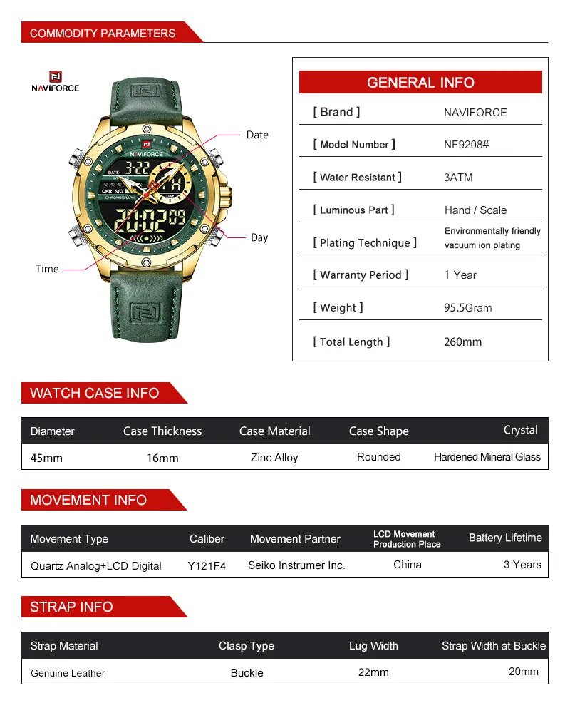 NAVIFORCE 2022 Luxury Men Watches Fashion Genuine Leather Quality Calendar LCD Display Waterproof Quartz Wristwatch NF9208