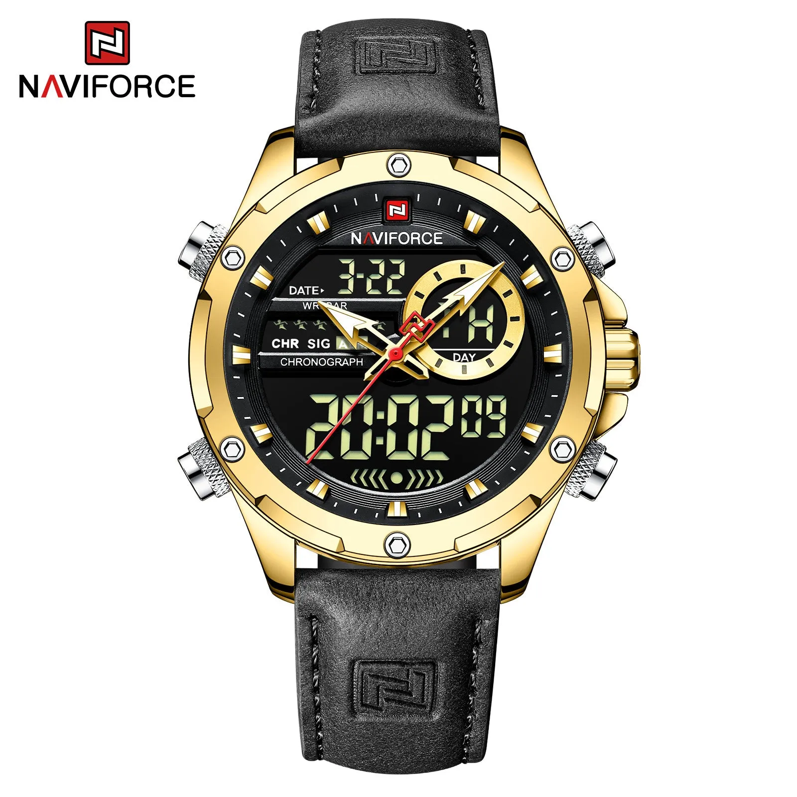 NAVIFORCE 2022 Luxury Men Watches Fashion Genuine Leather Quality Calendar LCD Display Waterproof Quartz Wristwatch NF9208