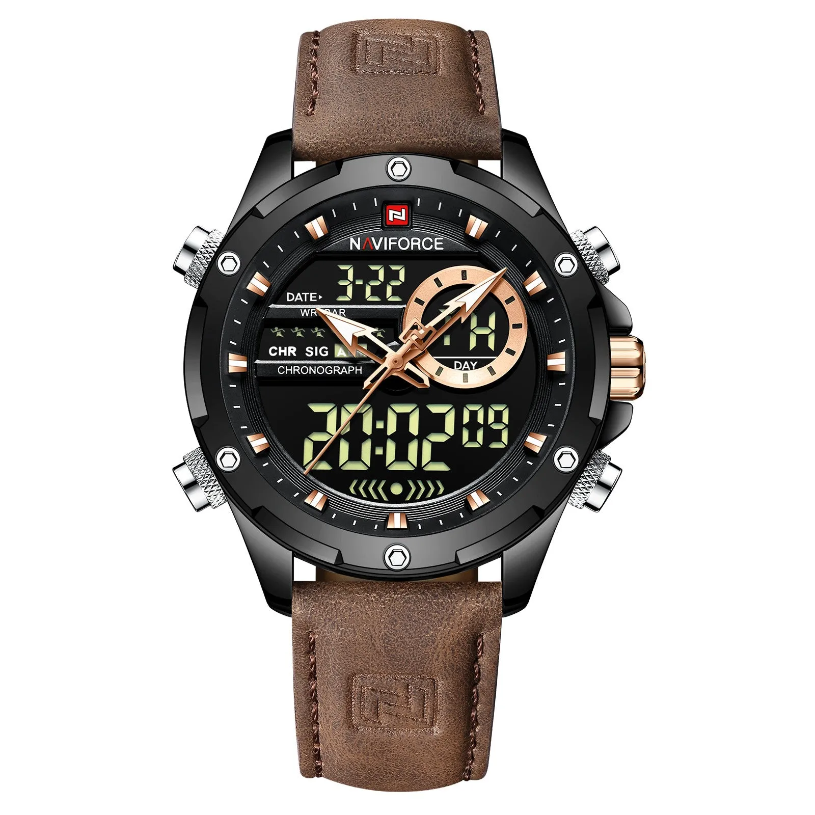 NAVIFORCE 2022 Luxury Men Watches Fashion Genuine Leather Quality Calendar LCD Display Waterproof Quartz Wristwatch NF9208