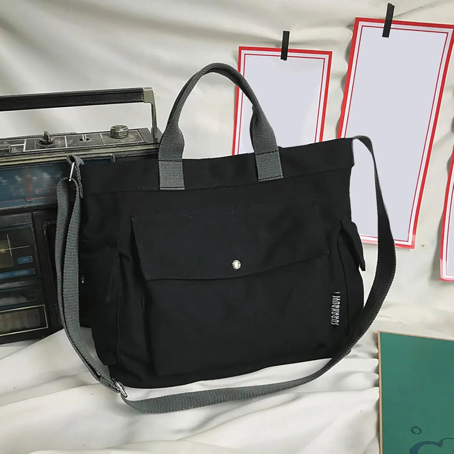 New Canvas Solid Color Simple Fashion One Shoulder Messenger Bag Clear Shoulder Bag (Black, One Size)