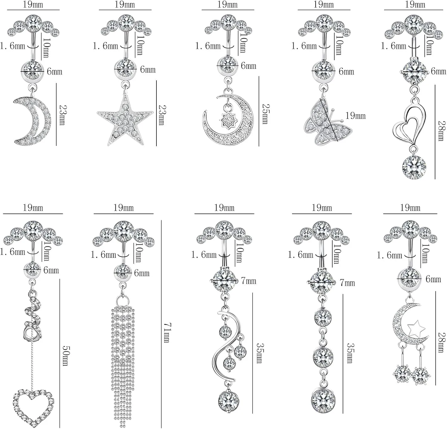 NEWITIN 10 Pieces 14G Belly Button Rings for Women Navel Ring Body Piercing Jewelry Set 316L Surgical Steel Inlaid Cubic Zirconia Belly Dangle Rings for Women