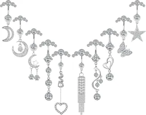 NEWITIN 10 Pieces 14G Belly Button Rings for Women Navel Ring Body Piercing Jewelry Set 316L Surgical Steel Inlaid Cubic Zirconia Belly Dangle Rings for Women