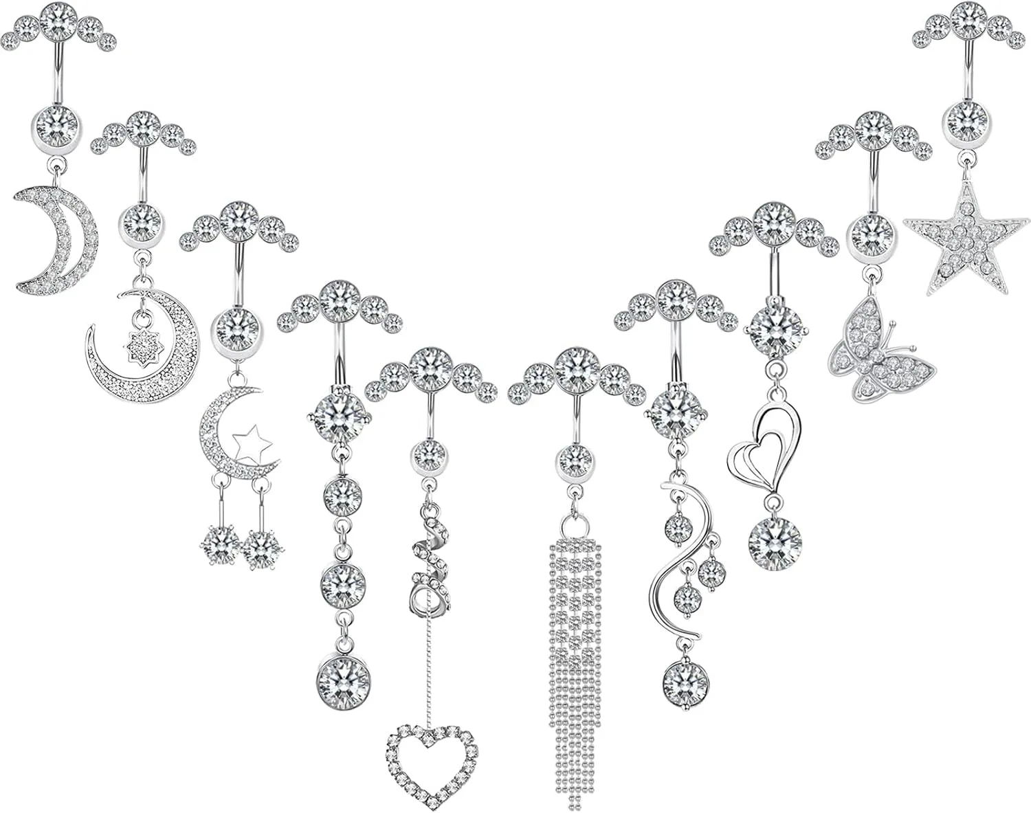 NEWITIN 10 Pieces 14G Belly Button Rings for Women Navel Ring Body Piercing Jewelry Set 316L Surgical Steel Inlaid Cubic Zirconia Belly Dangle Rings for Women