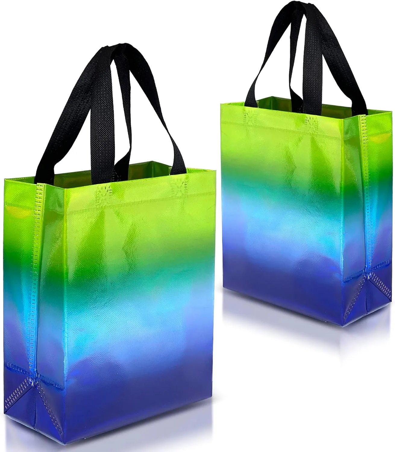 Nush Nush Holographic Gradient Gift Bags Medium Size Set of 12 Blue & Green Reusable With Handles - Party Favor, Birthday, Goodie Bags in Bulk - 8Wx4Dx10 H