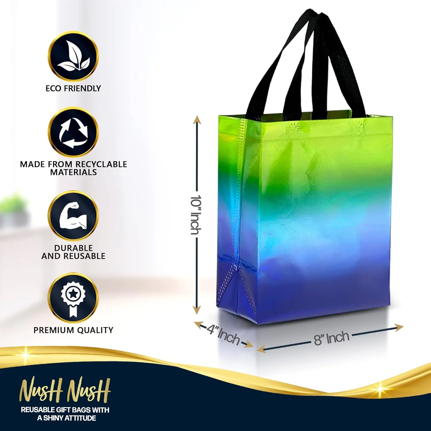 Nush Nush Holographic Gradient Gift Bags Medium Size Set of 12 Blue & Green Reusable With Handles - Party Favor, Birthday, Goodie Bags in Bulk - 8Wx4Dx10 H