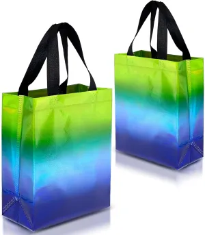 Nush Nush Holographic Gradient Gift Bags Medium Size Set of 12 Blue & Green Reusable With Handles - Party Favor, Birthday, Goodie Bags in Bulk - 8Wx4Dx10 H