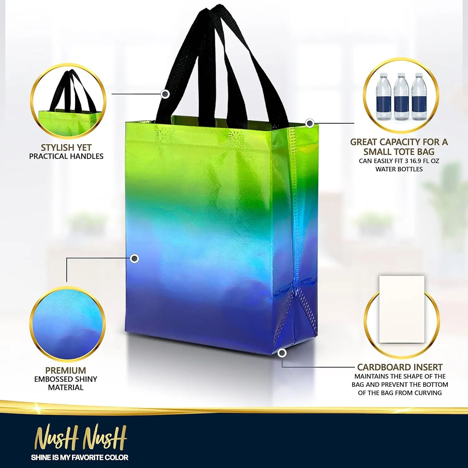 Nush Nush Holographic Gradient Gift Bags Medium Size Set of 12 Blue & Green Reusable With Handles - Party Favor, Birthday, Goodie Bags in Bulk - 8Wx4Dx10 H