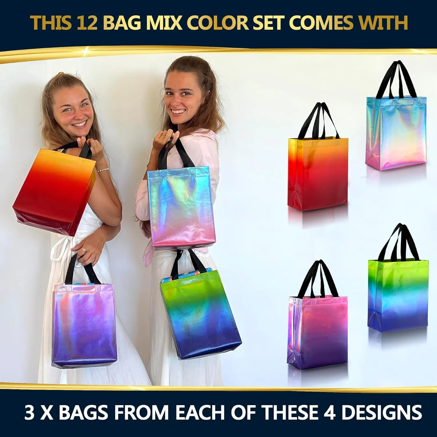 Nush Nush Set of 12 Gradient Medium Gift Bags - 4 Stunning Designs Of Reusable Gift Bags With Handles - Ideal as Birthday Gift Bags, Goodie Bags, Party Bags - 8x4x10 Size