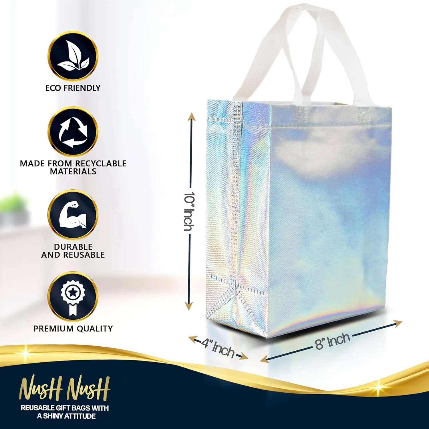Nush Nush Stunning Iridescent Holographic Gift Bags, Reusable With White Handles, Medium Size, Perfect As Goodie / Birthday Gift Bags, Party Favor Bags, Set of 12, 8Wx4Dx10H Size