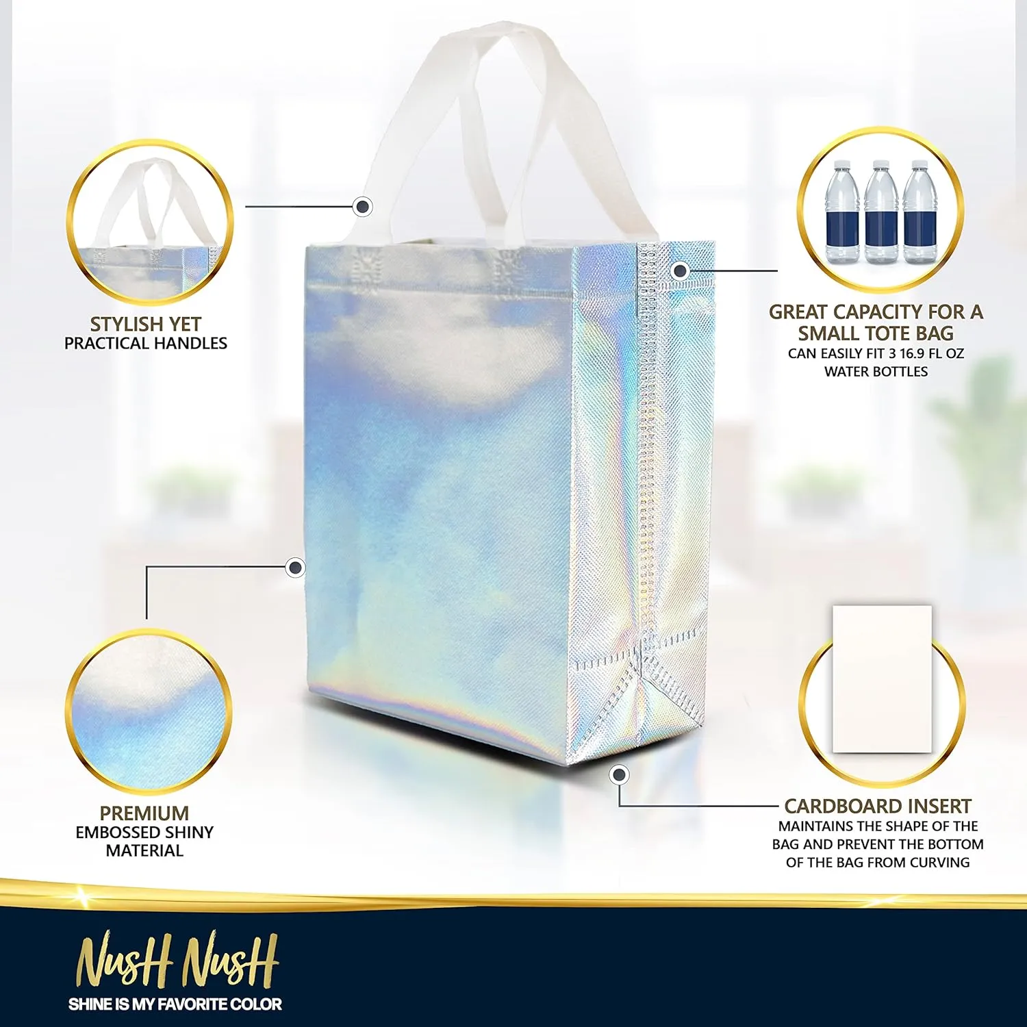 Nush Nush Stunning Iridescent Holographic Gift Bags, Reusable With White Handles, Medium Size, Perfect As Goodie / Birthday Gift Bags, Party Favor Bags, Set of 12, 8Wx4Dx10H Size