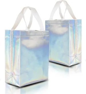 Nush Nush Stunning Iridescent Holographic Gift Bags, Reusable With White Handles, Medium Size, Perfect As Goodie / Birthday Gift Bags, Party Favor Bags, Set of 12, 8Wx4Dx10H Size