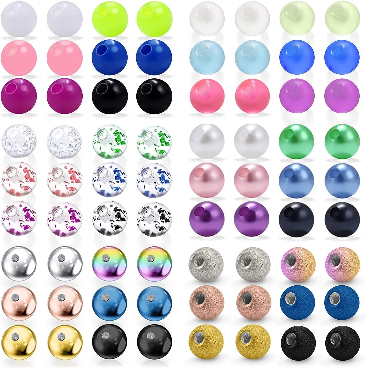 Ocptiy 16G 3mm Replacement Balls Set &14G 5mm Piercing Balls Stainless Steel Glow in the Drak Plastic Replacement Balls Parts Jewelry Piercing Pearl Barbell Parts for Women Men 3mm 5mm Balls 72Pcs