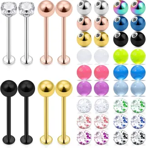 Ocptiy 16G Cheek Dimple Piercing Jewelry Flat Back Tongue Rings and Replacement Balls Extra Long Lip Labret Rings Studs Piercing Jewelry Retainer for Men Women 14mm 16mm 19mm Bar Length