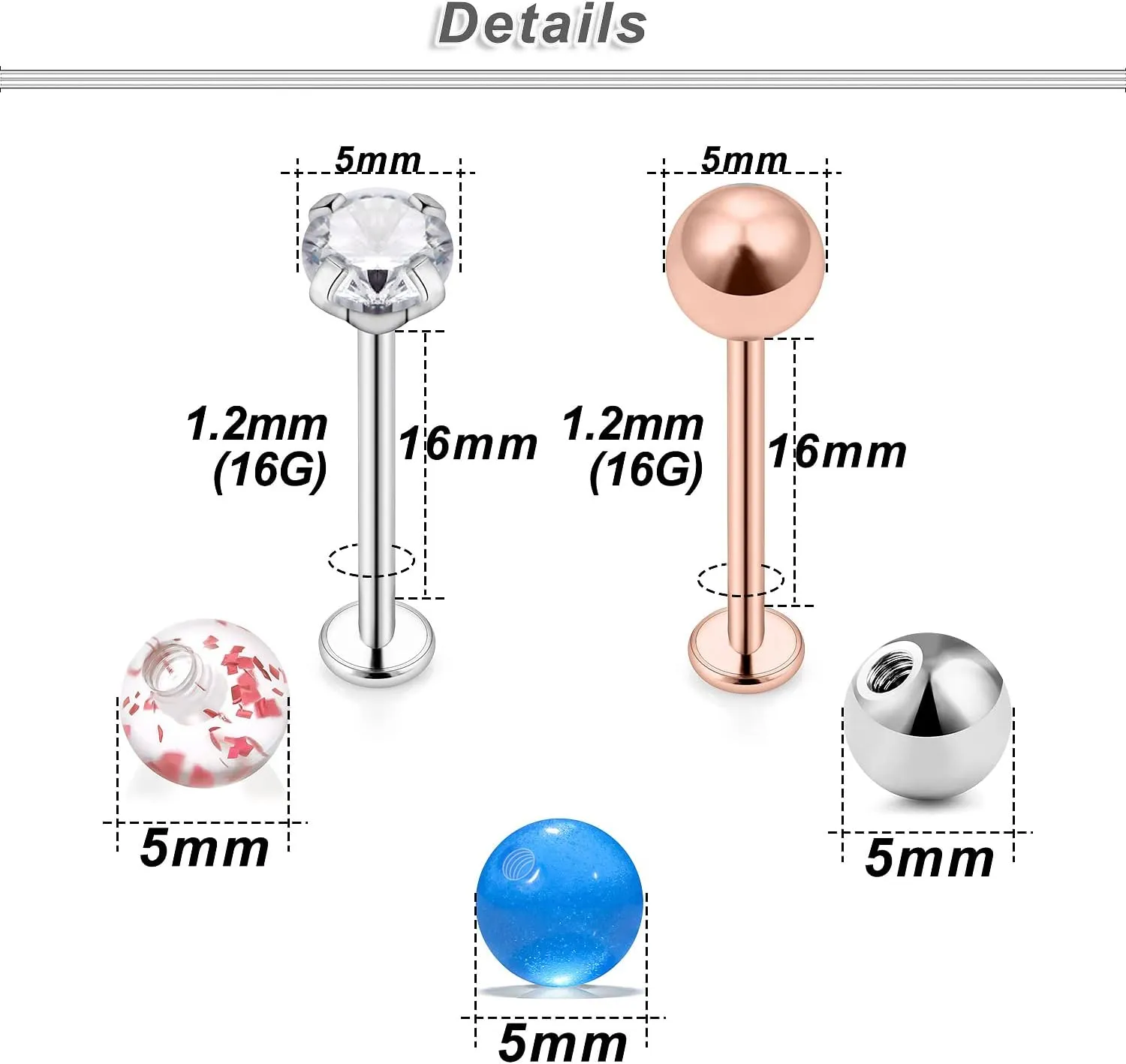 Ocptiy 16G Cheek Dimple Piercing Jewelry Flat Back Tongue Rings and Replacement Balls Extra Long Lip Labret Rings Studs Piercing Jewelry Retainer for Men Women 14mm 16mm 19mm Bar Length