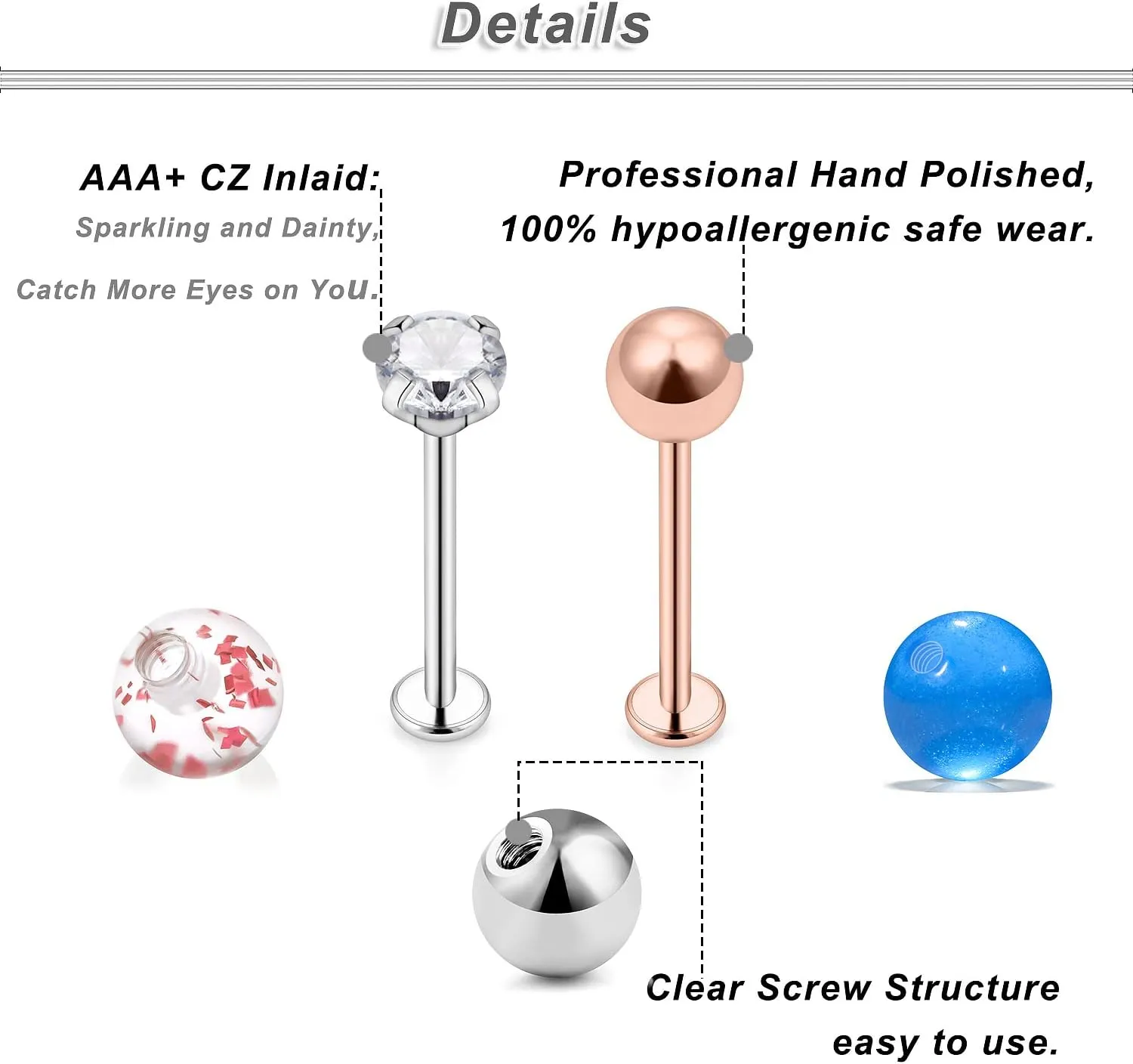 Ocptiy 16G Cheek Dimple Piercing Jewelry Flat Back Tongue Rings and Replacement Balls Extra Long Lip Labret Rings Studs Piercing Jewelry Retainer for Men Women 14mm 16mm 19mm Bar Length