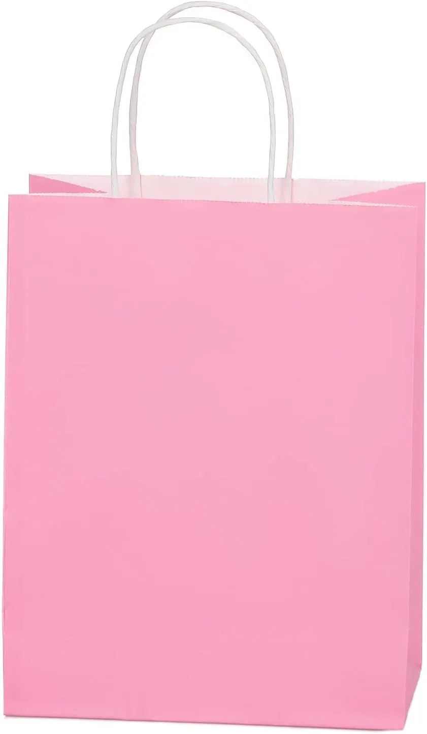 Oletx 24PCS Pink Kraft Paper Gift Bags with Handles Bulk 8''x4.25''x10.5'', DIY Birthday Party Favor Bags for Craft Shopping,Valentine's Day,Mother's Day