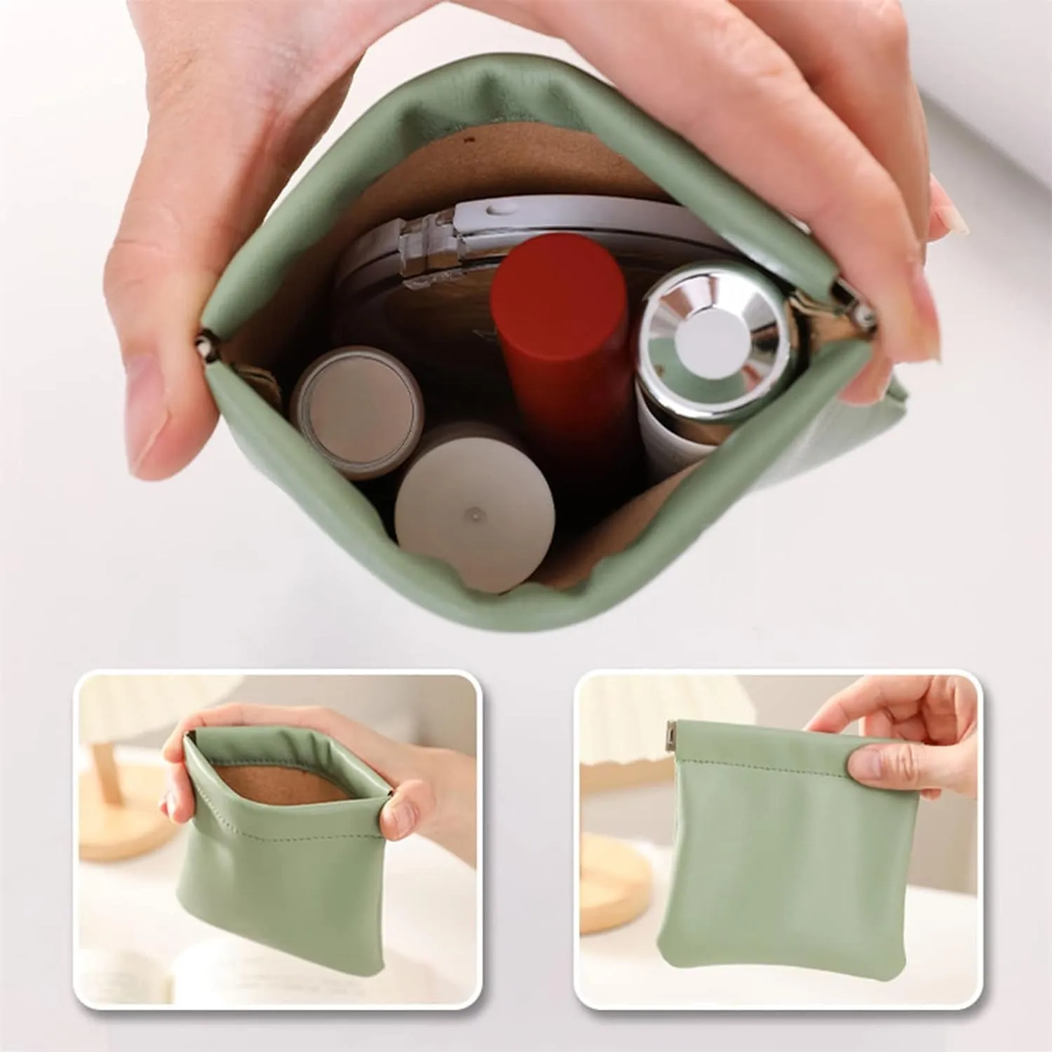 Onavee - Onavee Organizer Pouch, Pouchic - Personalized Snap Closure Leather Organizer Pouch, Onavee Purse Organizer Pouches, Pouchic Snap Closure Pouches, Lambskin Pocket Cosmetic Bag (8Color C)