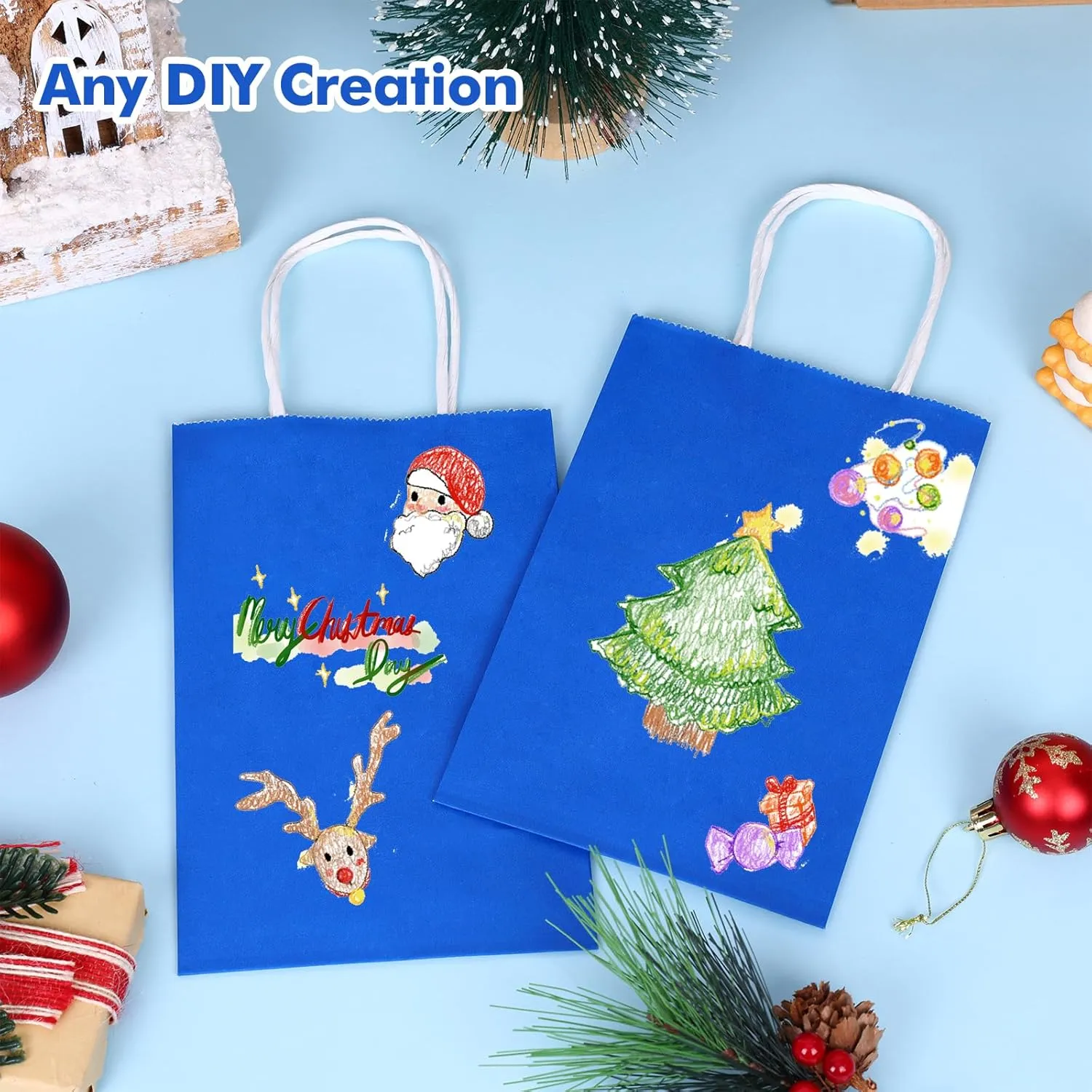 OUTUXED 25pcs Blue Paper Bags, 5.25x3.2x8in Small Blue Gift Bags with Handles Bulk for Shopping, Wedding, Merchandise, Birthday, Business
