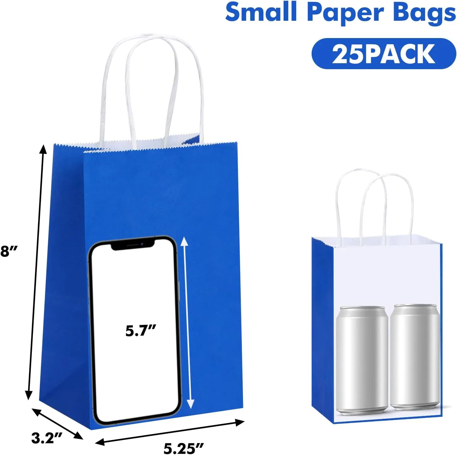 OUTUXED 25pcs Blue Paper Bags, 5.25x3.2x8in Small Blue Gift Bags with Handles Bulk for Shopping, Wedding, Merchandise, Birthday, Business