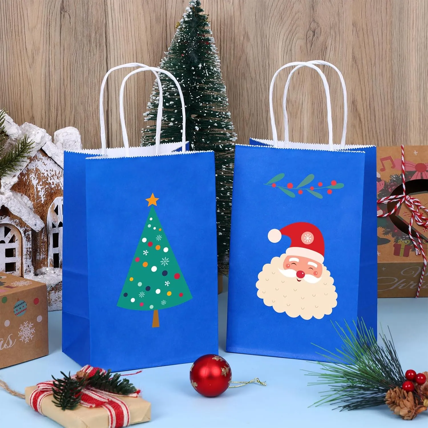 OUTUXED 25pcs Blue Paper Bags, 5.25x3.2x8in Small Blue Gift Bags with Handles Bulk for Shopping, Wedding, Merchandise, Birthday, Business