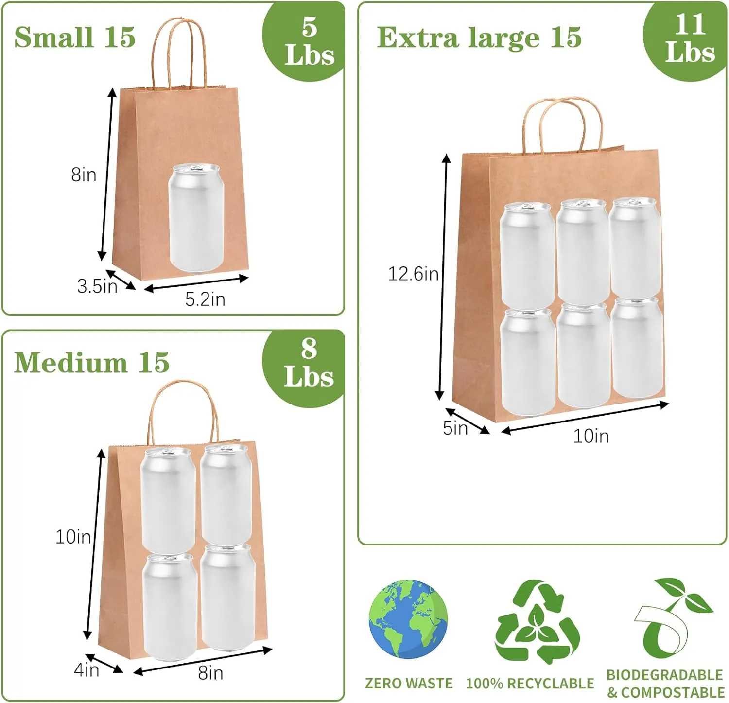 OUTUXED 45-Count Brown Kraft Paper Bags with Handles [3 Sizes 8-12.6 Inches] - Heavy-Duty Bulk Paper Gift Bags for Retail, Birthday Parties, Business Merchandise & Shopping